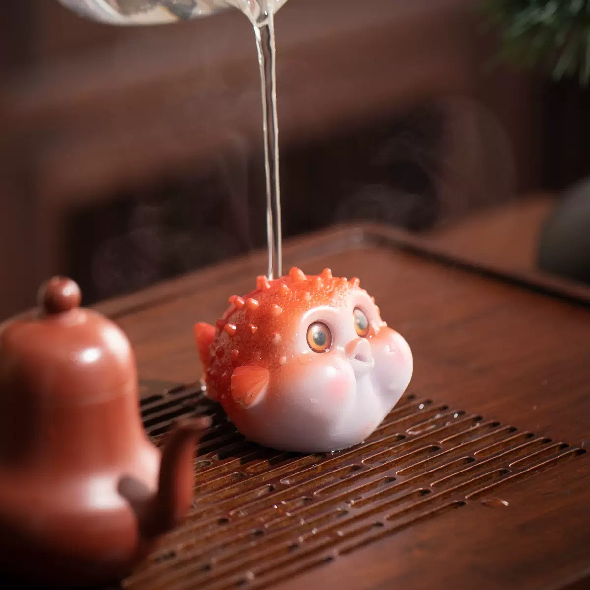 Cute Puffer Fish Color Changing Tea Pet（Orange）